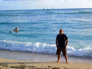 My hubby taking in Waikiki Beach...where are those eyes looking?! :)